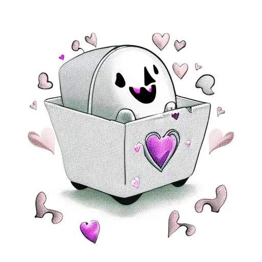 coffin with a cute ghost popping out of it with hearts around it tattoo design idea