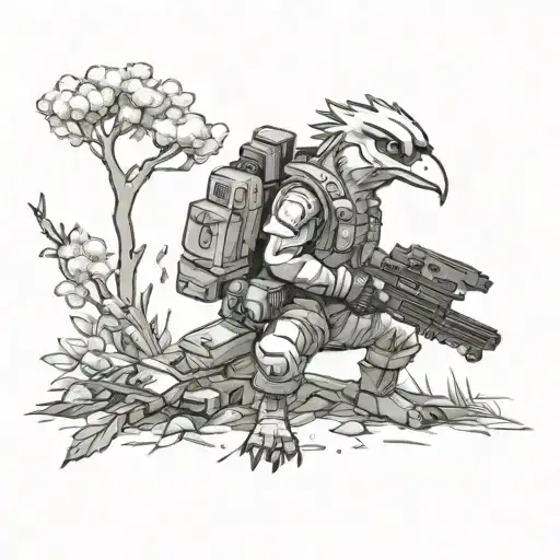 Falco from smash a pilot from Titanfall2 and captaine falcon round a campfire under cheery blossom trees tattoo design idea