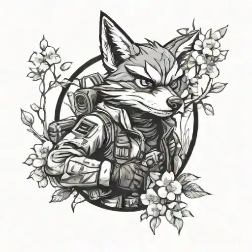 Falco from Starfox a pilot from Titanfall2 and captaine falcon round a campfire under cheery blossom trees tattoo design idea