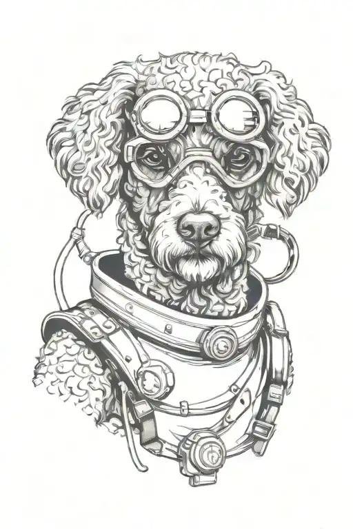 A minimalist tattoo of a cute poodle mixed dog wearing a diving mask, representing your love for dogs and diving tattoo design idea