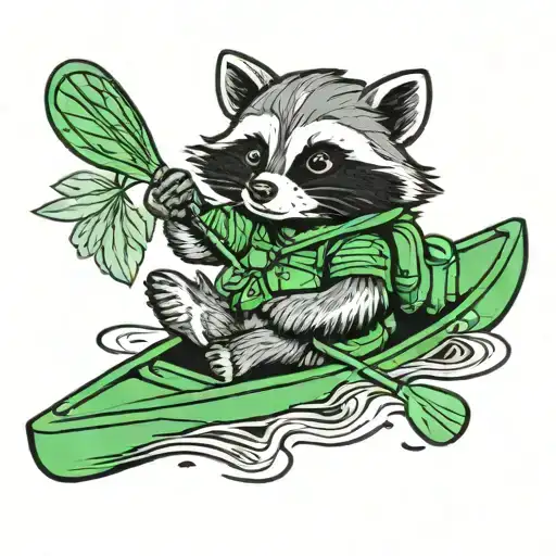 cartoon raccoon wearing a green backpack and paddling a canoe tattoo design idea