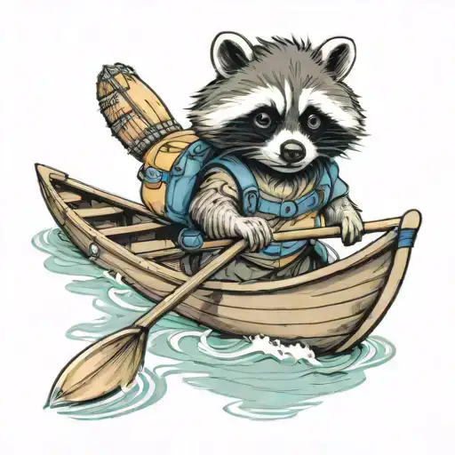 cartoon raccoon wearing a backpack and paddling a canoe   tattoo design idea