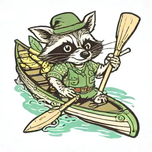 cartoon raccoon wearing a green backpack and paddling a canoe with a buschel of bananas tattoo design idea