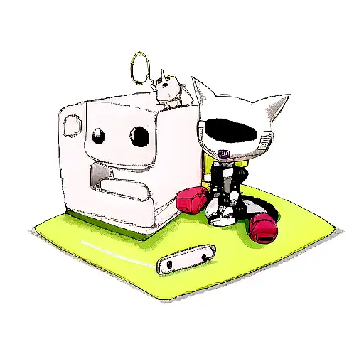 A futuristic robotic cat playing with a plush toy in a virtual reality world tattoo design idea