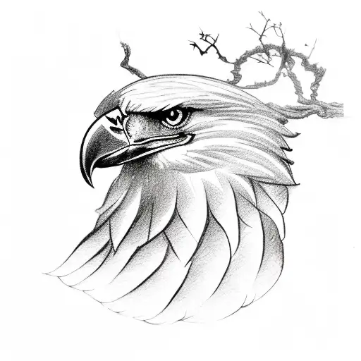 A sketch of a badass eagle perched on a branch adorned with elegant Japanese lanterns tattoo design idea