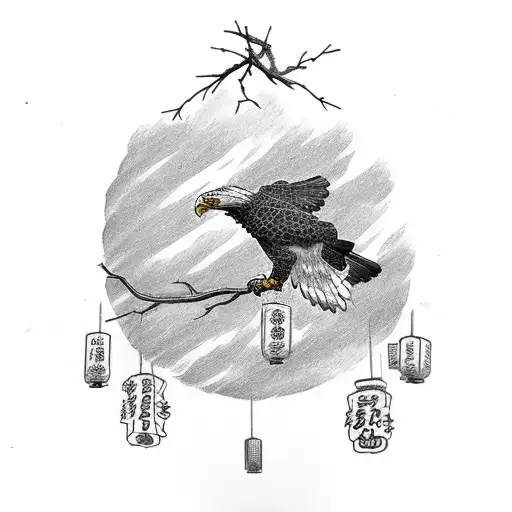 A sketch of a badass eagle perched on a branch adorned with elegant Japanese lanterns tattoo design idea