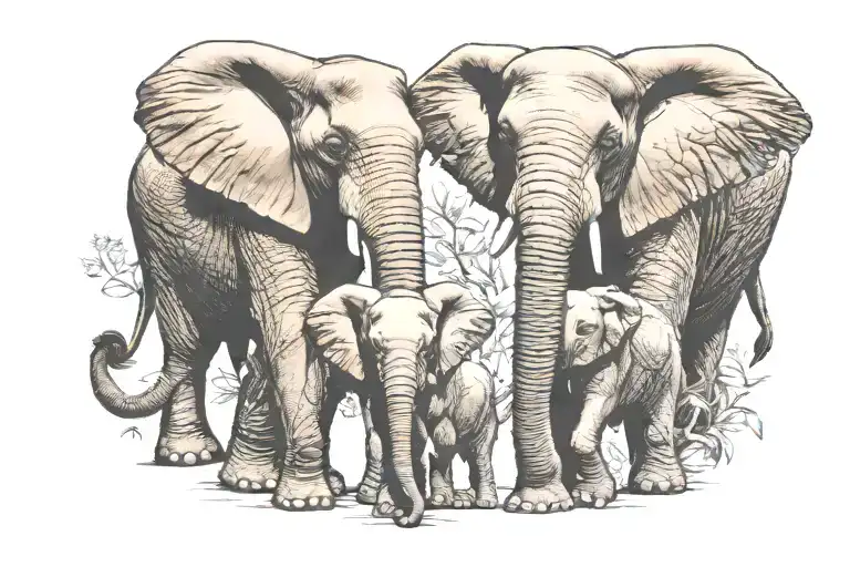 African Elephant family proboscis holding tail,  tattoo design idea