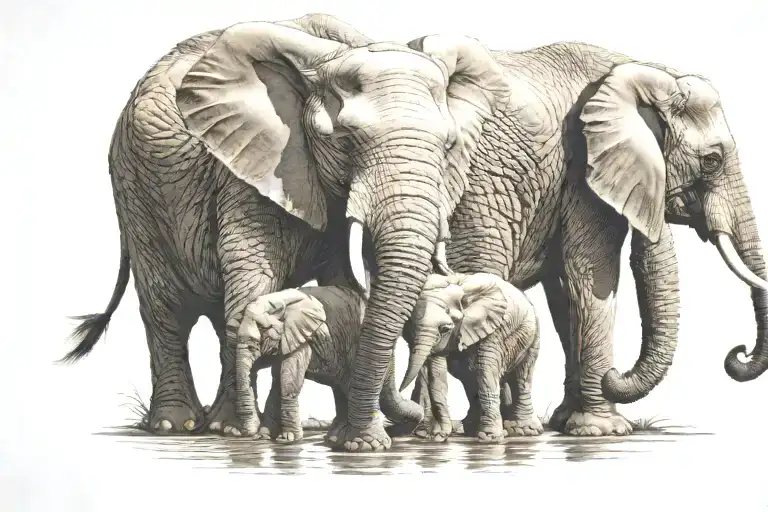 African Elephant family side view proboscis holding tail, passing a puddle tattoo design idea
