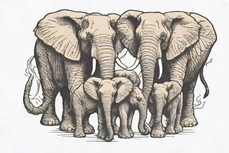African Elephant family side view proboscis holding tail,  tattoo design idea