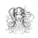 the high priestess tarot cart but it's a woman holding an octopus on her head and the tentacles act like her hair tattoo design idea