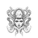 the high priestess tarot cart but it's a woman holding an octopus on her head and the tentacles act like her hair tattoo design idea