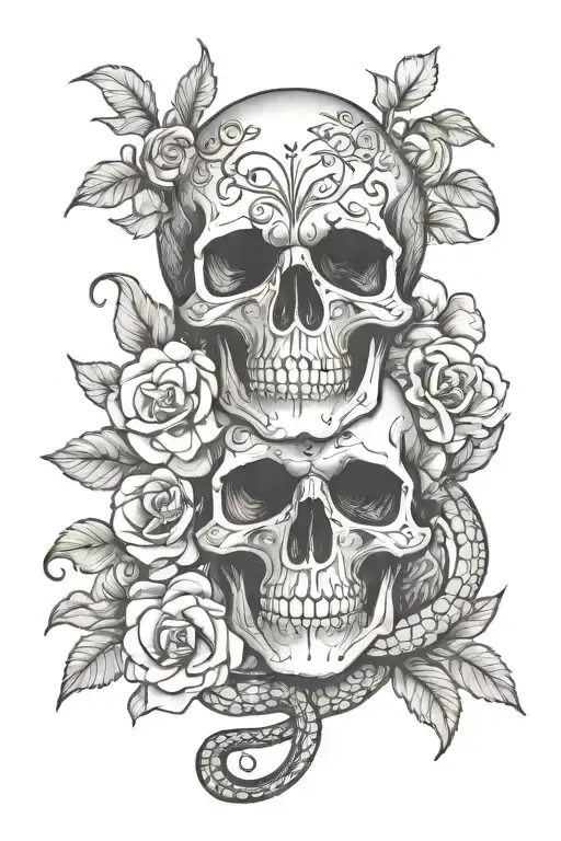 Black and White, Small Skull, Small Snake, Flowers, Western tattoo design idea
