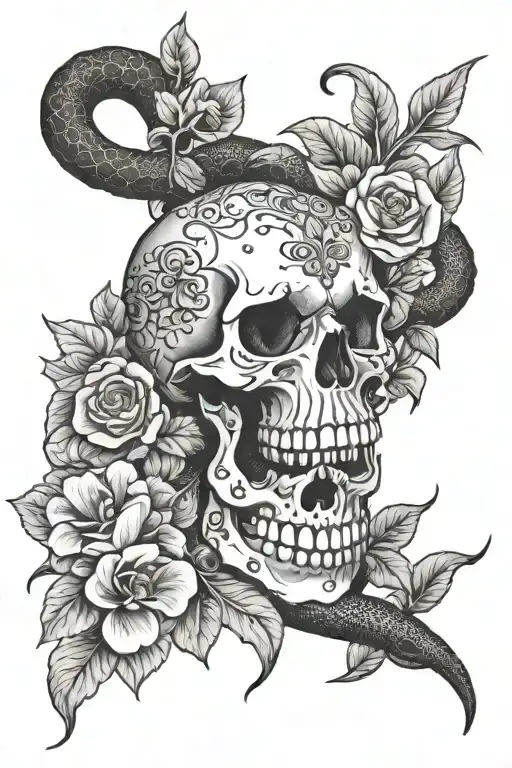 Black and White, Small Skull, Small Snake, Flowers, Western tattoo design idea