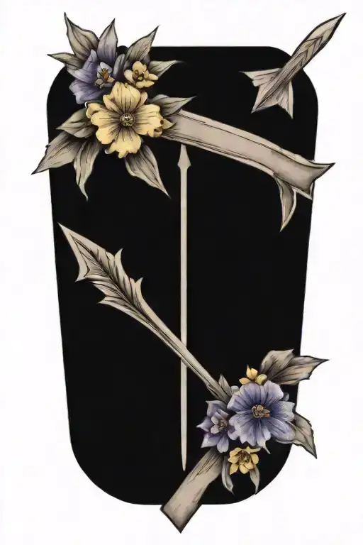 An arrow design with "Kaiden" in the middle of the arrow surrounded by violets and daffodils tattoo design idea