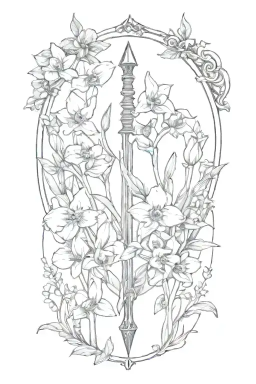 A long arrow surrounded by violets and daffodils tattoo design idea