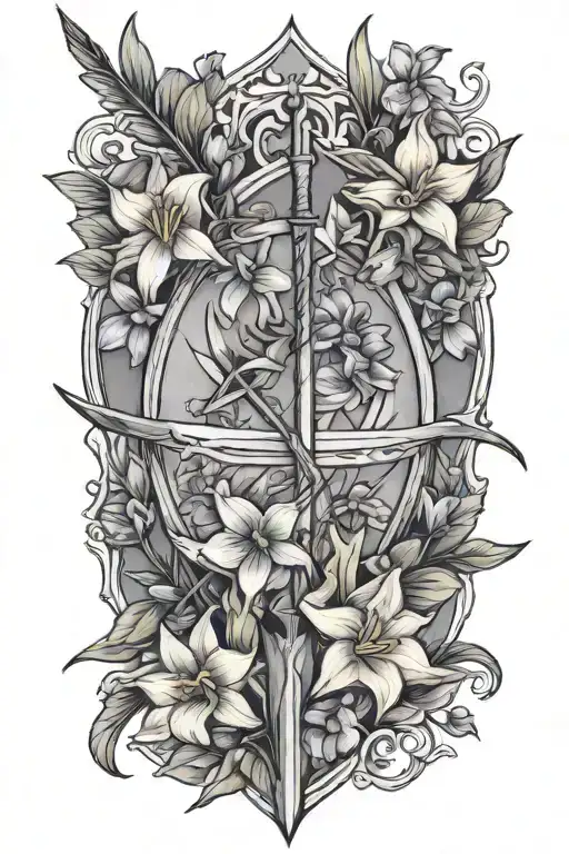A bow and arrow design with Kaiden's name in the middle surrounded by violets and daffodils tattoo design idea
