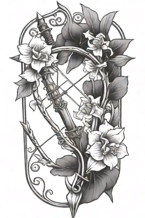 A bow and arrow design with "Kaiden" in the middle of the arrow surrounded by violets and daffodils tattoo design idea