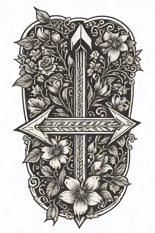 An arrow design with "Kaiden" in the middle of the arrow surrounded by violets and daffodils tattoo design idea