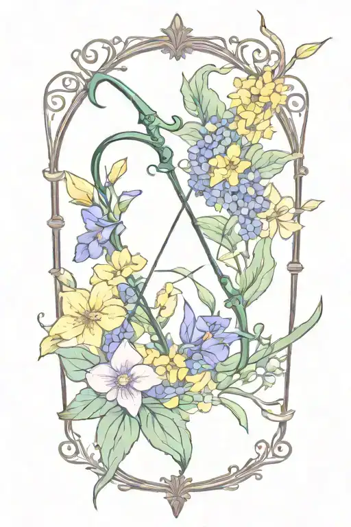 A bow and arrow design with "Kaiden" in the middle of the arrow surrounded by violets and daffodils tattoo design idea