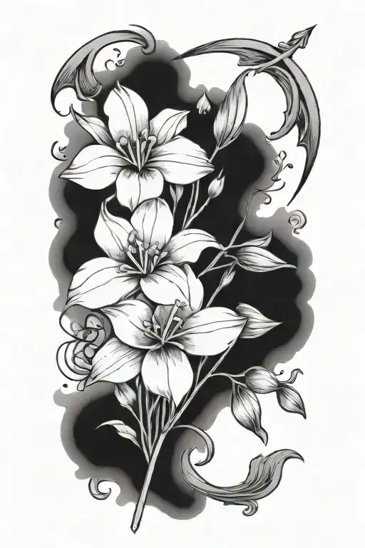 A long arrow surrounded by violets and daffodils tattoo design idea