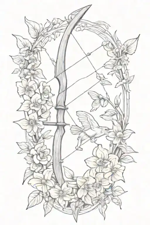 A long shooting arrow surrounded by violets and daffodils tattoo design idea
