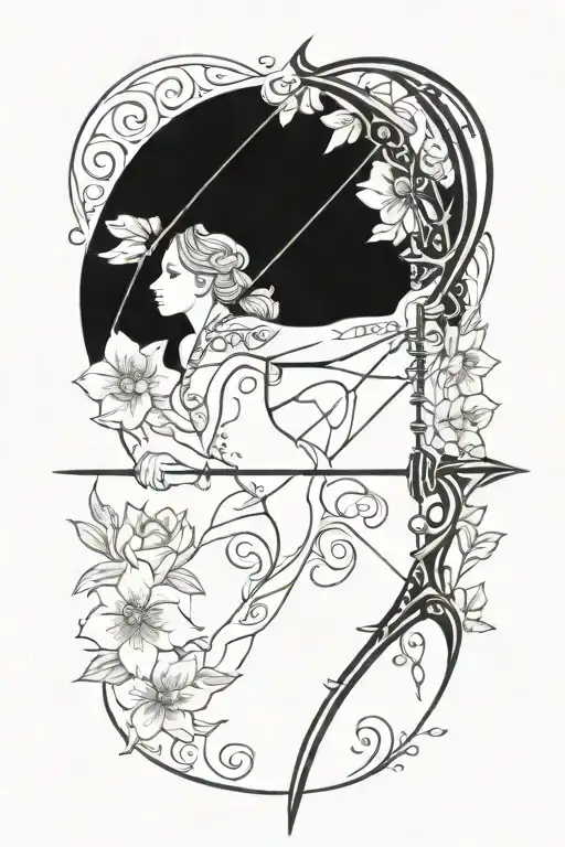 A bow and arrow design with "Kaiden" in the middle of the arrow surrounded by violets and daffodils tattoo design idea