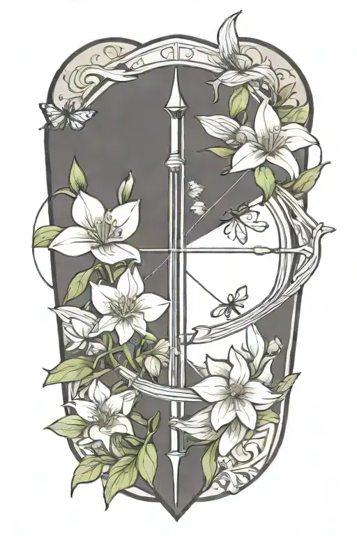 A bow and arrow design with Kaiden's name in the middle surrounded by violets and daffodils tattoo design idea