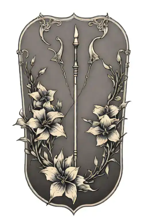 A bow and arrow design with "Kaiden" in the middle of the arrow surrounded by violets and daffodils tattoo design idea