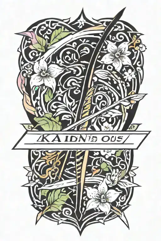 A bow and arrow design with Kaiden's name in the middle surrounded by violets and daffodils tattoo design idea