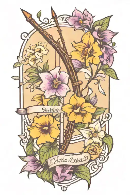 A bow and arrow design with Kaiden's name in the middle surrounded by violets and daffodils tattoo design idea