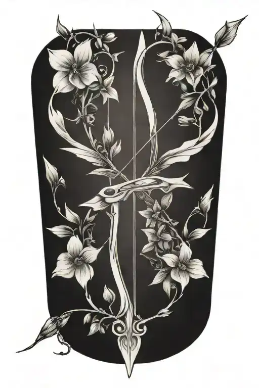 A bow and arrow design with "Kaiden" in the middle of the arrow surrounded by violets and daffodils tattoo design idea