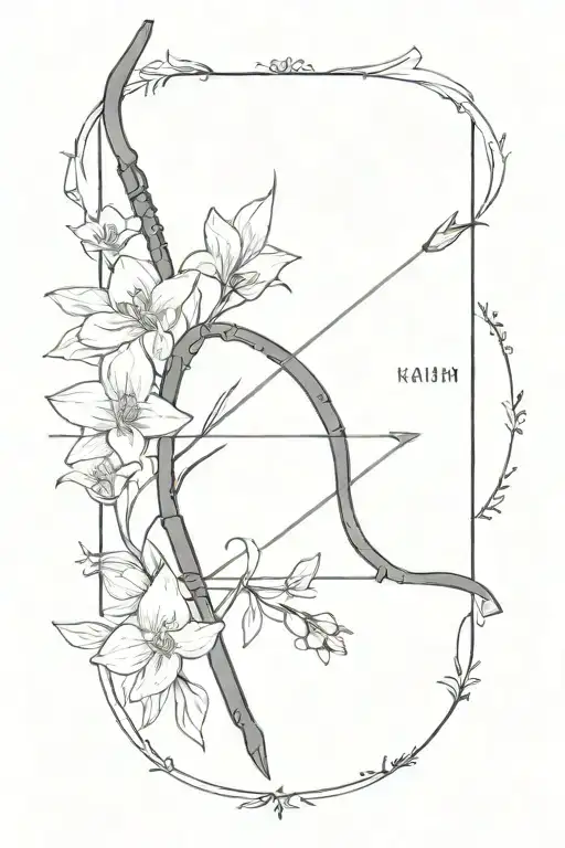 A bow and arrow design with Kaiden's name in the middle surrounded by violets and daffodils tattoo design idea
