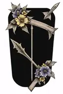 An arrow design with "Kaiden" in the middle of the arrow surrounded by violets and daffodils tattoo design idea