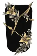 An arrow design with "Kaiden" in the middle of the arrow surrounded by violets and daffodils tattoo design idea