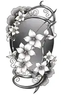 A bow and arrow design with 'Kaiden' in the middle of the arrow surrounded by violets and daffodils tattoo design idea