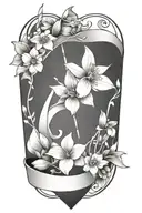 A bow and arrow design with 'Kaiden' in the middle of the arrow surrounded by violets and daffodils tattoo design idea