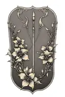 A bow and arrow design with "Kaiden" in the middle of the arrow surrounded by violets and daffodils tattoo design idea