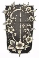 A bow and arrow design with "Kaiden" in the middle of the arrow surrounded by violets and daffodils tattoo design idea