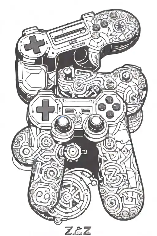 A futuristic gaming controller integrated with sleeping z's and your kids' initials tattoo design idea
