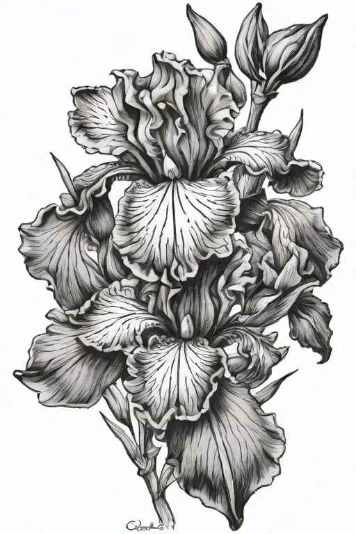 Iris with name Theodore and honeysuckle with name Gabriel tattoo design idea