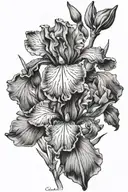 Iris with name Theodore and honeysuckle with name Gabriel tattoo design idea