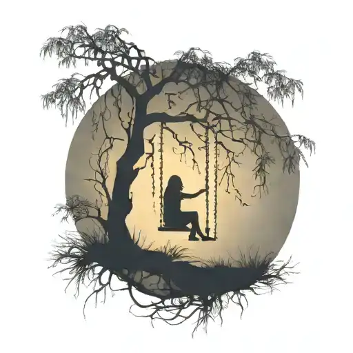 big weeping willow tree with night sky background, two girls silhouetted on a single swing  tattoo design idea