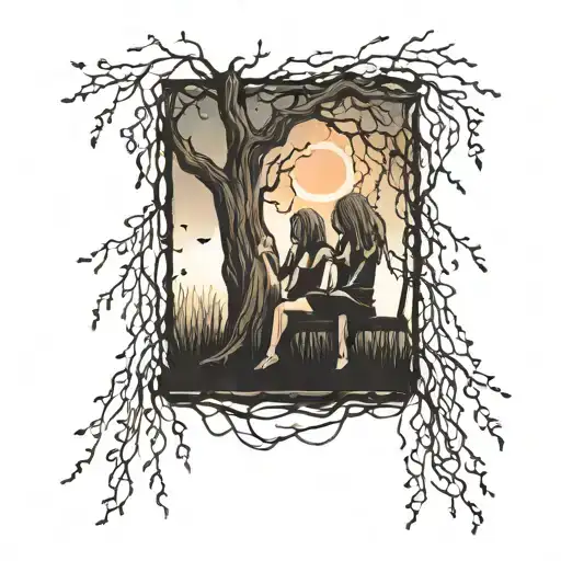 weeping willow tree with night sky and two girls on a swing tattoo design idea