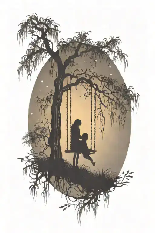 weeping willow tree with night sky in the background, two girls on a swing tattoo design idea