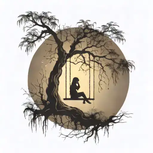 big weeping willow tree with night sky background, two girls silhouetted on a single swing  tattoo design idea