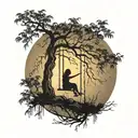 big weeping willow tree with night sky background, two girls silhouetted on a single swing  tattoo design idea