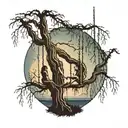 big weeping willow tree with night sky background, two girls silhouetted on a single swing  tattoo design idea