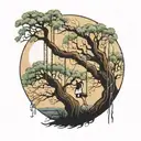 big weeping willow tree with night sky background, two girls silhouetted on a single swing  tattoo design idea