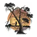 big weeping willow tree with night sky background, two girls silhouetted on a single swing  tattoo design idea