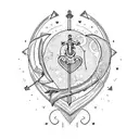 A gun and sword crossed over a heart-shaped moon, with elements of nature entwined around them tattoo design idea